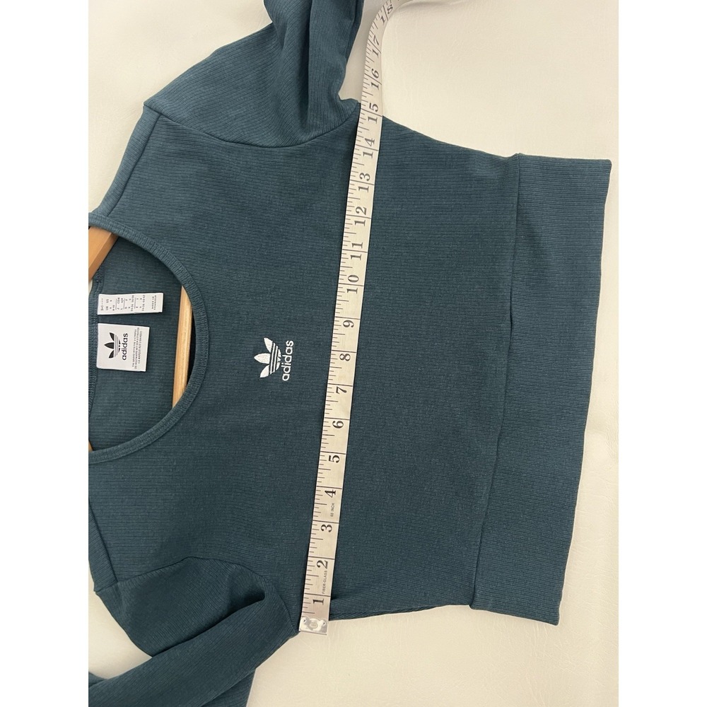 Adidas Ribbed Long Sleeve T-Shirt Teal Green Cropped Athleisure Sporty Casual - Picture 10 of 11